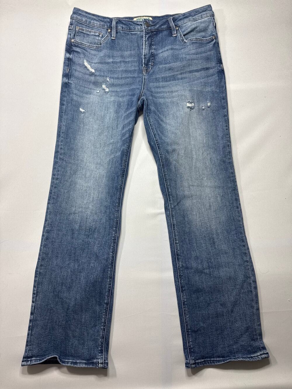 Rockin' C Women's Distressed Straight Leg Blue Stretch Jeans - Size 32 (36x31.5)